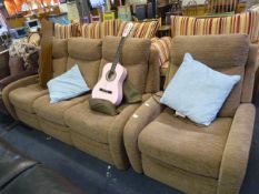 Brown Upholstered 2 Piece Sweet Including Reclining Arm Chair and 3 Seater