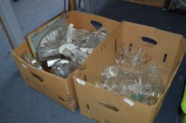 Boxes of Assorted Glassware, Candle Sticks, Dishes