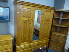 Pine Triple Wardrobe with Central Mirror
