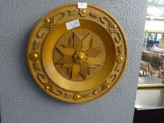 1970's Folk Art Amber Insert Latvian Carved Wood Wall Plaque