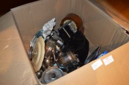 Box Containing Silver Plated Tea ware, Vintage Clo