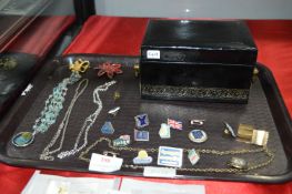 Tray of Costume Jewelry and Jewelry Box, Pin Badge