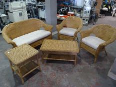 5 Piece Cane Suite with Upholstered Seats - 2 Seater, 2 Single Chairs, Coffee Table & Side Table