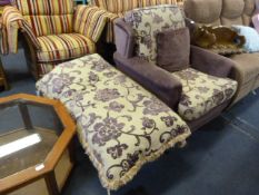 Purple Upholstered Arm Chair with Matching Stool and Large Cushion