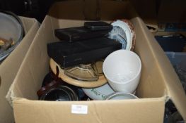 Large Box of Decorative Plates, Vases, Paper Shred