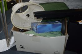 Box Lot Including Bed Quilt, Music Books, Table La