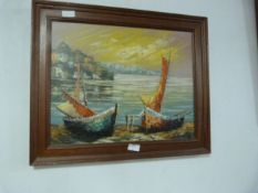Framed Oil Painting on Canvas - Harbour Boats