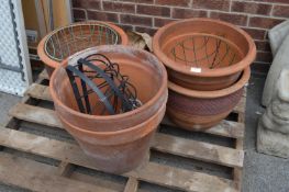 Five Large Terracotta Planters, Wall Baskets and H