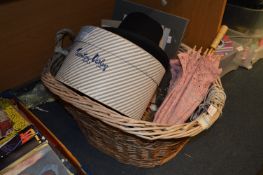 Cane Linen Basket, Vintage Hat, Parasol and Prints