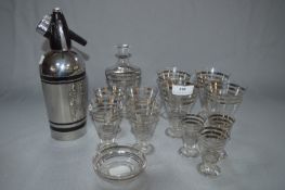 Silver Banded Art Deco Style Drinking Glassware and a Soda Siphon