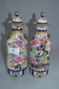 Pair of Victorian Floral Painted Twin Handled Vases with Lids