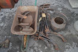 Cast Iron Table Legs, Kettle, Shoe Last and a Child's Wheelbarrow