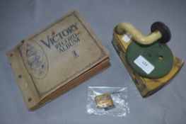 German Tin Plate Toy Gramophone with Lithograph Print, Album of Records and Needles