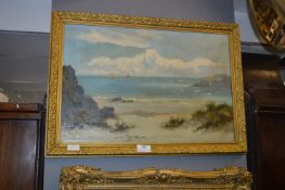 Gilt Framed Oil on Canvas - Coastal Scene with Sailboats to Foreground by William Langley
