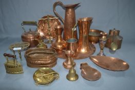 Quantity of Copper & Brass Ware; Jugs, Trays, Kettles, Vase and Trivets