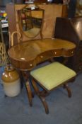 Walnut Veneered Kidney Shaped Dressing Table with Stool