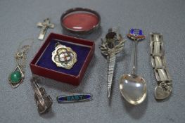 Assorted Silver Items; Fobs, Brooches, Christening Bracelet, Spoon, etc.