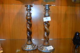Chrome & Oak Barley Twist Candlesticks