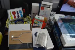 Assorted Boxed Items: Ceramic Snack Platter, Corkscrews, Wine Glasses, etc.