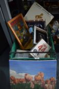 Green Basket Containing LP's, Books, Pub Mirror, C