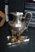 Silver Plated Hot Water Jug, Sugar Tongs and Small