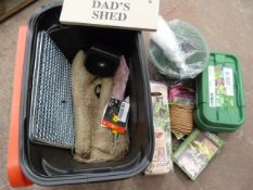 *Bucket of Garden Items Including Soft Ties, Bird Feeder, Netting, etc.