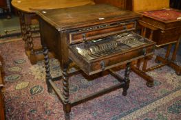 Oak Barley Twist Legged Canteen Cabinet and Contents of Silver Plated Cutlery
