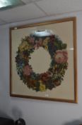 Large Framed Woolwork Tapestry - Floral Wreath 88cm x 90cm