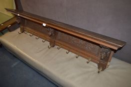 Carved Oak Wall Mounted Shelf Coat Rack with Eleven Hooks