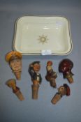 Carved Wood Novelty Bottle Stoppers and a Wedgewood Dish 
