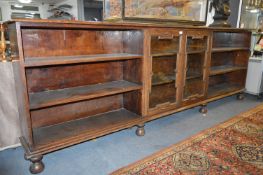 Oak Bookcase with Central Glass Paneled Doors 9'6