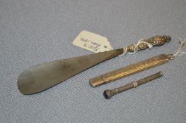 Three Silver Items; Pencil Case, Shoe Horn, etc.