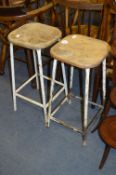 Pair of Elm Seated Tubular Metal Bar Stools