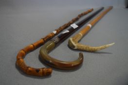 Horn Handled Silver Band Walking Cane and Two Others