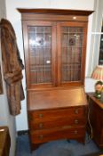 Edwardian Mahogany Inlaid Bureau Bookcase with Leaded Glass Panels