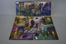 Eight Small Paintings on Board - Street Scenes by Richard Hubbard