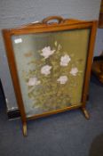 Mahogany Framed Fire Screen with Floral Painted Silk Panel