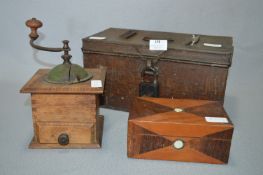Metal Ballot Box, Inlaid Trinket Box and Coffee Grinder