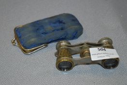 Pair of Small Brass Decorated Opera Glasses with Purse