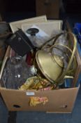 Box Containing Brass Spirit Kettle, Vintage Camera, Candlesticks...