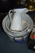 Blue & White Enameled Wash Tub, Jugs, Wash Bowl and a Potty