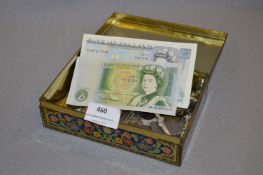 Tin Containing Two British £5 Banknotes, £1 Banknote and Assorted British Copper and Silver Coinage