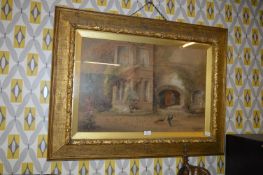 Gilt Carved Acorn Framed Watercolour - Country Garden Scene with Peacocks