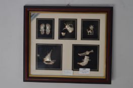 Framed Arabian Sterling 925 Silver Miniatures; Gurkha Knife, Slippers, Coffee Pot, etc.
