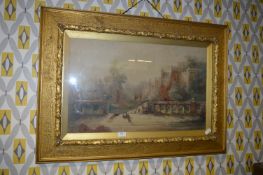 Gilt Carved Acorn Framed Watercolour - Country Mansion Garden Scene