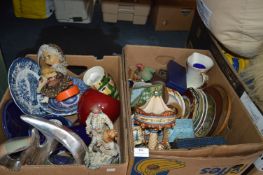 Two Boxes of Decorative Plates, Ornaments, Glasswa