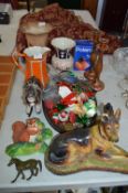 Table Lot; Chalk Dog, Oak Tray, Candlesticks, Jugs