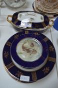 Blue & Gilt Dinnerware with Decorative Fish Panels