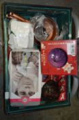 *Box of Miscellaneous Items Including Vibrating Neck Massager, Exercise Balls, Saucepans, etc.
