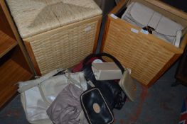 Two Linen Baskets and a Quantity of Handbags
